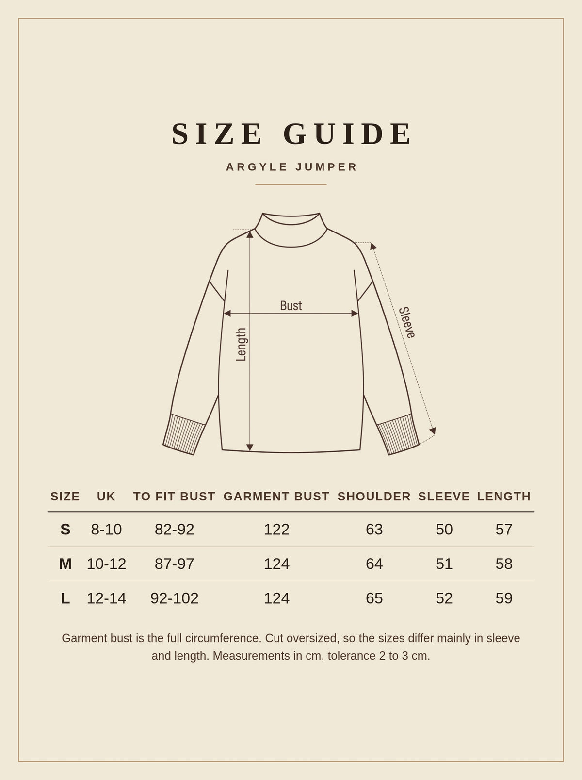 Size guide for the argyle jumper, sizes S to L, UK 8 to 14, measurements in centimetres