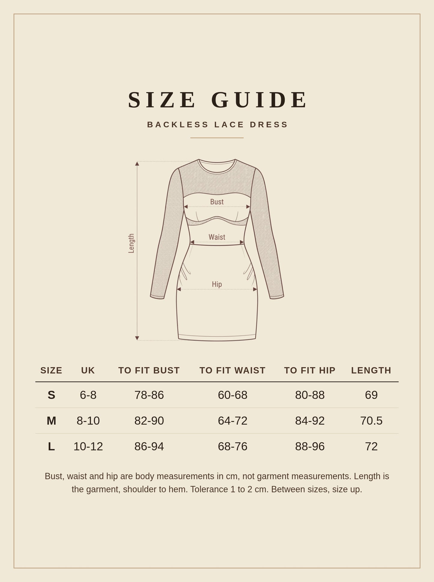 Harlbury size guide for the backless lace dress, sizes S to L with body measurements in centimetres
