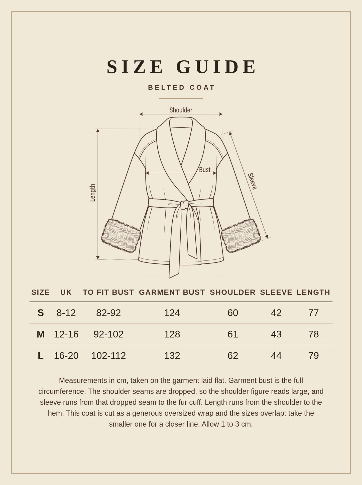 Size guide for the Wolferton belted coat with faux fur cuffs