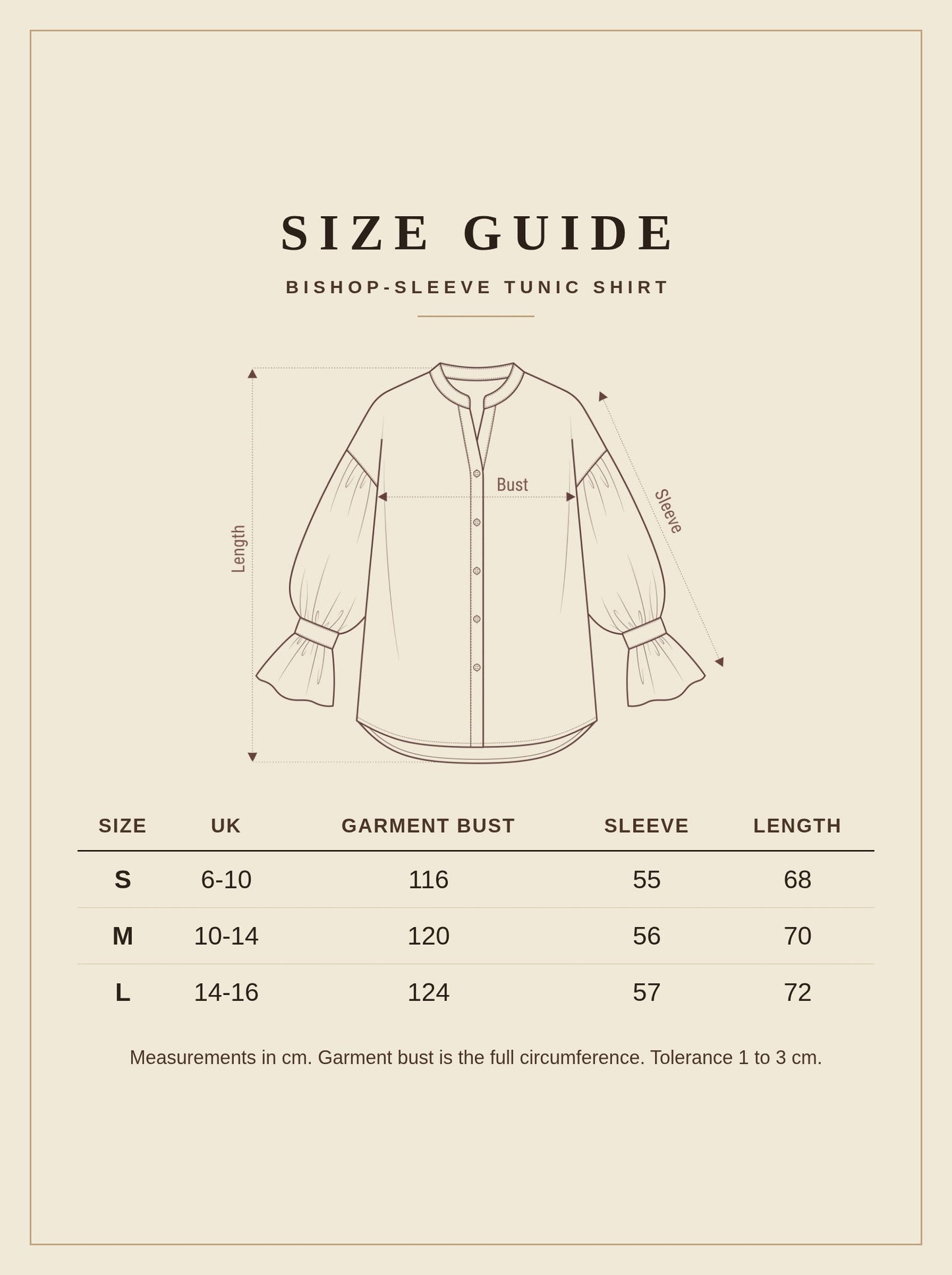 Size guide, bishop-sleeve tunic shirt, UK sizes S to L