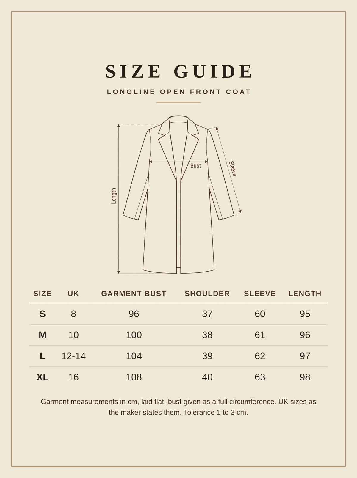 Size guide for the black longline open front coat, measurements in centimetres