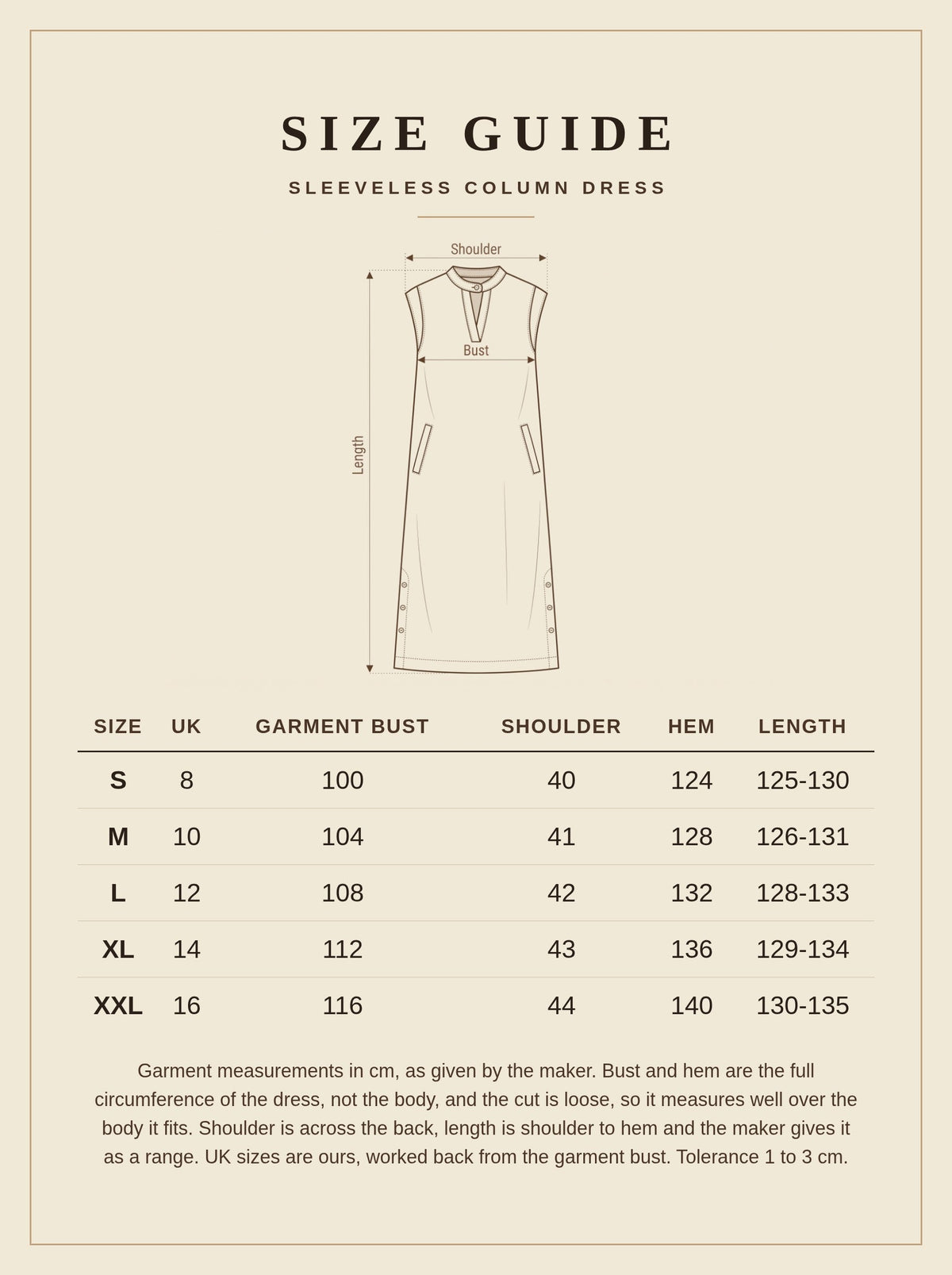 Size guide for the black column dress, garment measurements in centimetres