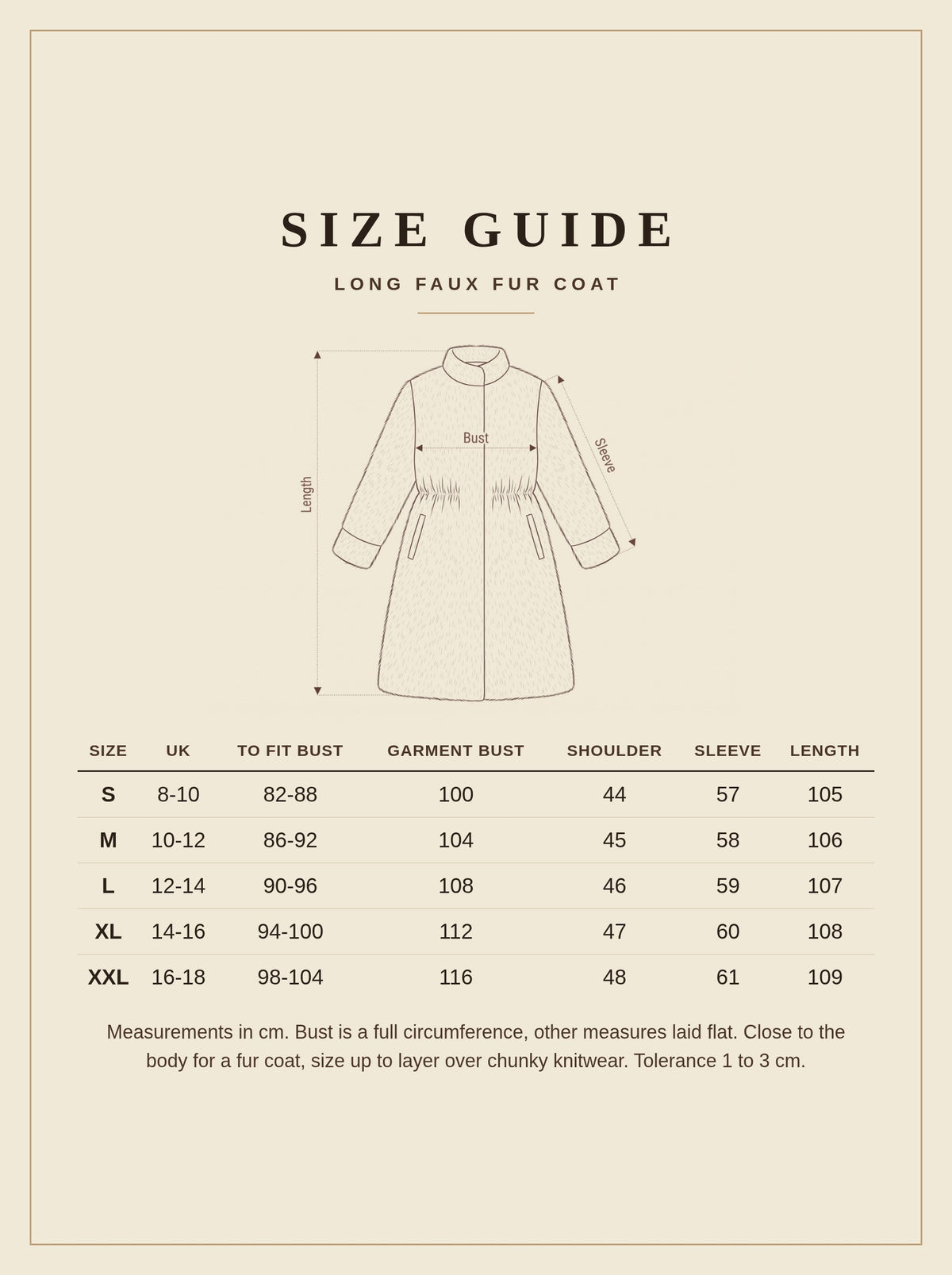Size guide for the black fluffy coat, sizes S to XXL with bust, shoulder, sleeve and length in cm