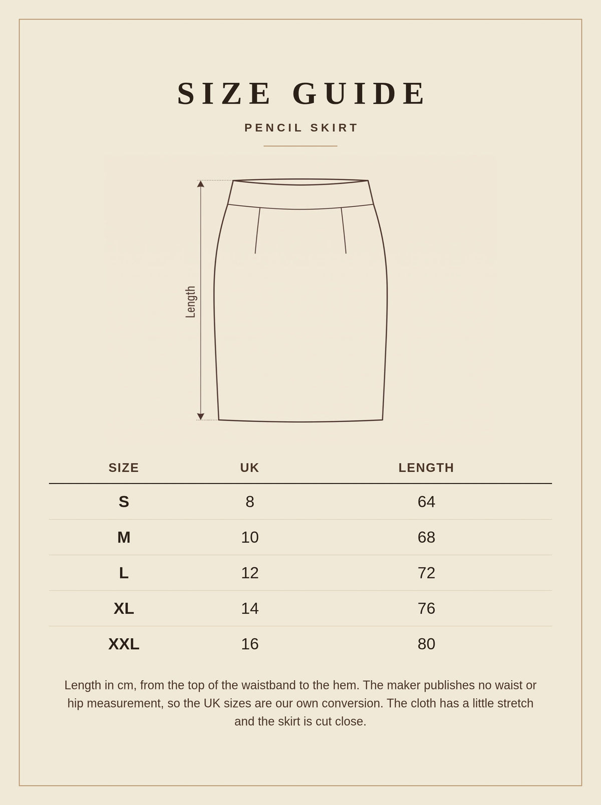 Size guide for the Aylworth black pencil skirt, UK 8 to UK 16