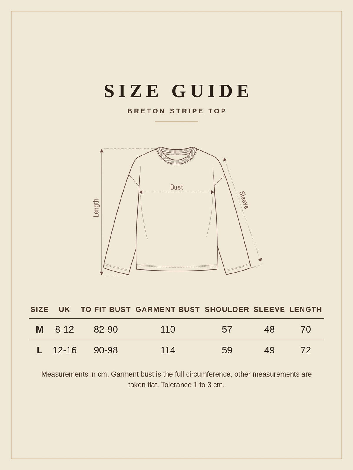 Size guide for the Nettleton breton stripe top with measurements in cm