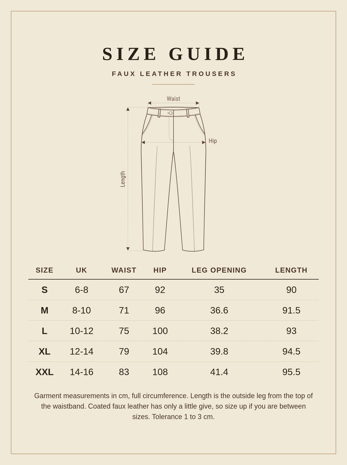 Size guide for the Brown Faux Leather Trousers, UK 6 to 16