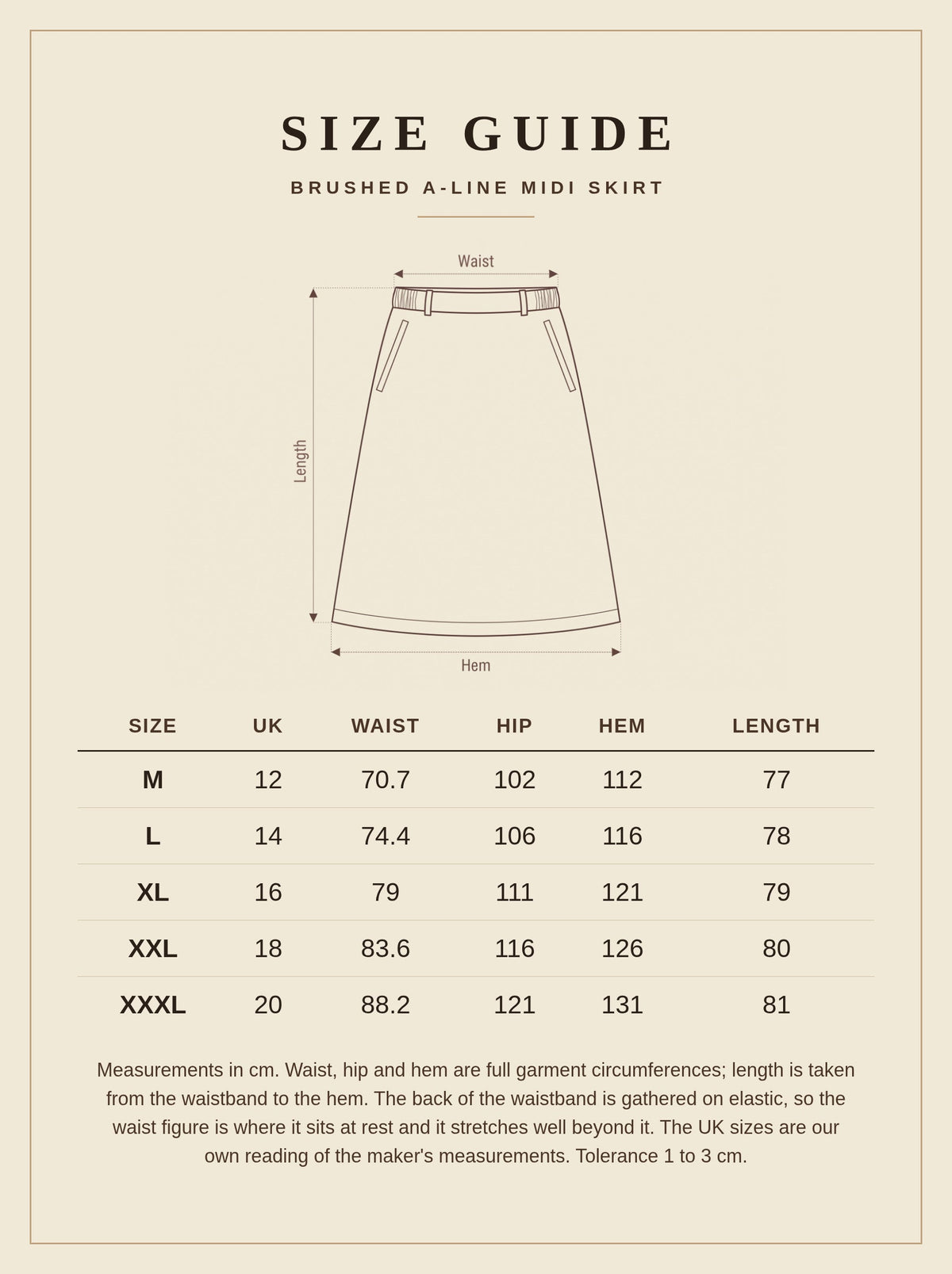 Size guide for the brushed A line midi skirt, sizes M to XXXL, UK 12 to 20