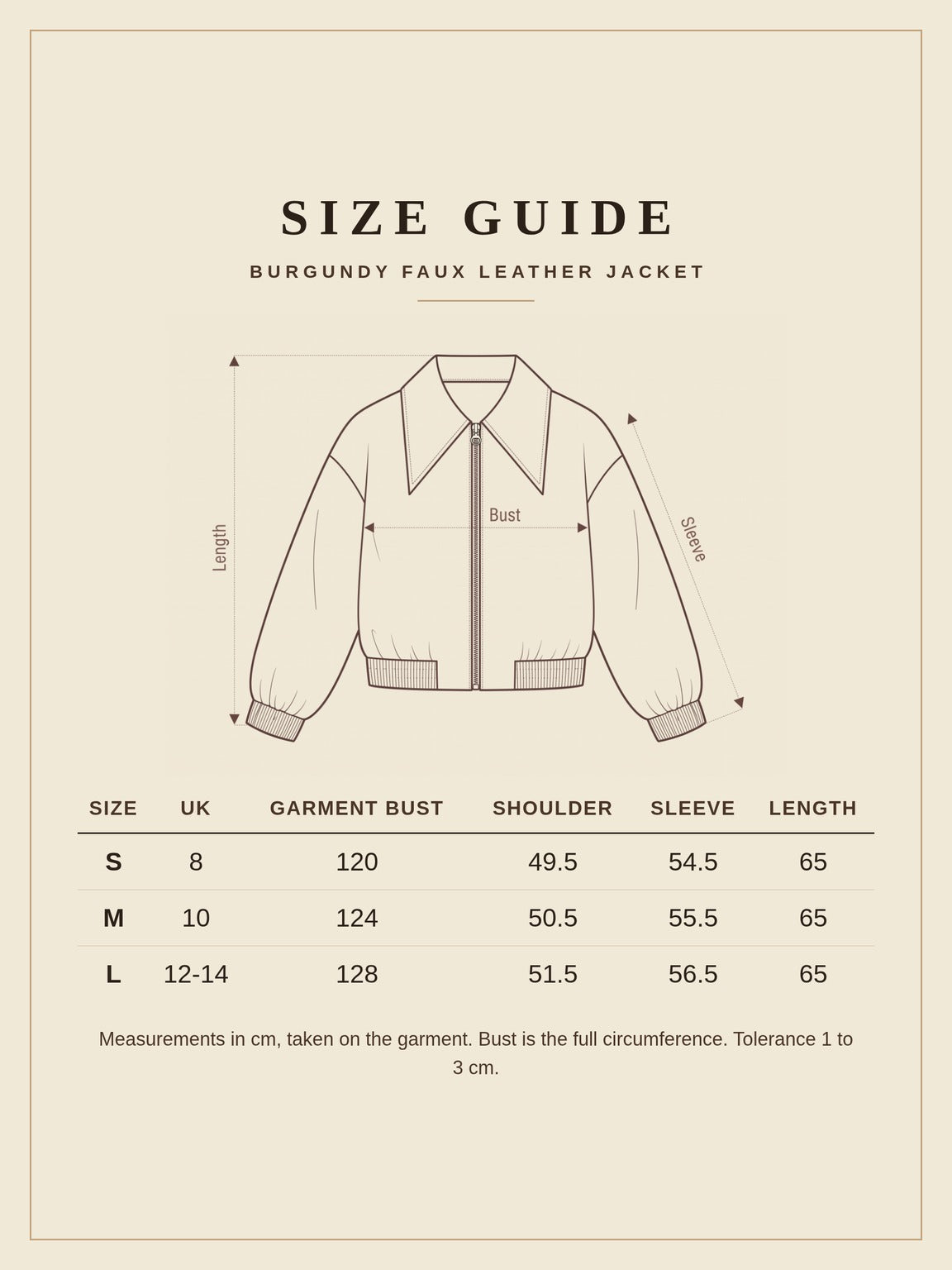 Size guide for the Hampnett burgundy faux leather jacket