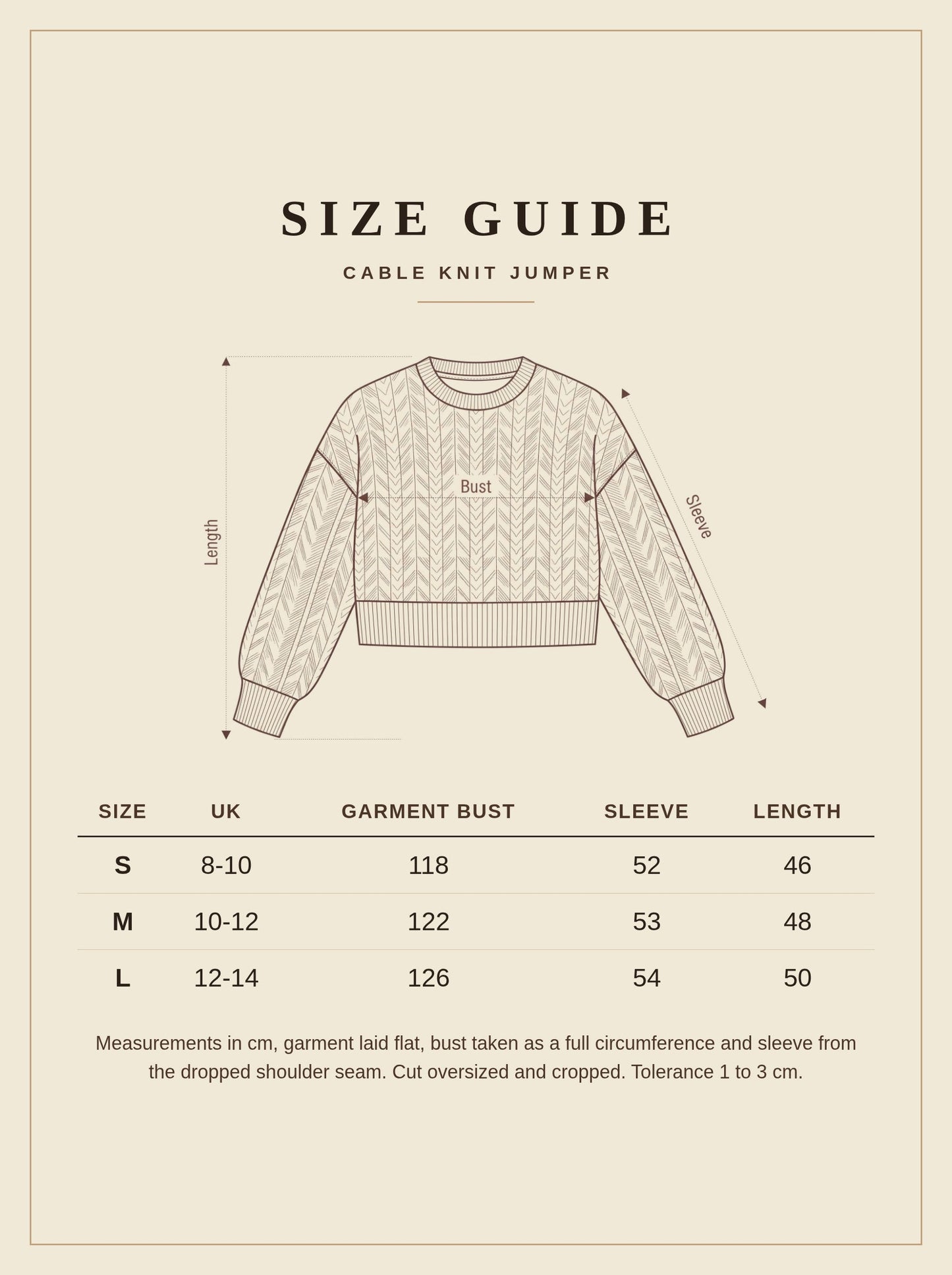 Size guide for the Harlbury cable knit jumper, UK 8 to 14
