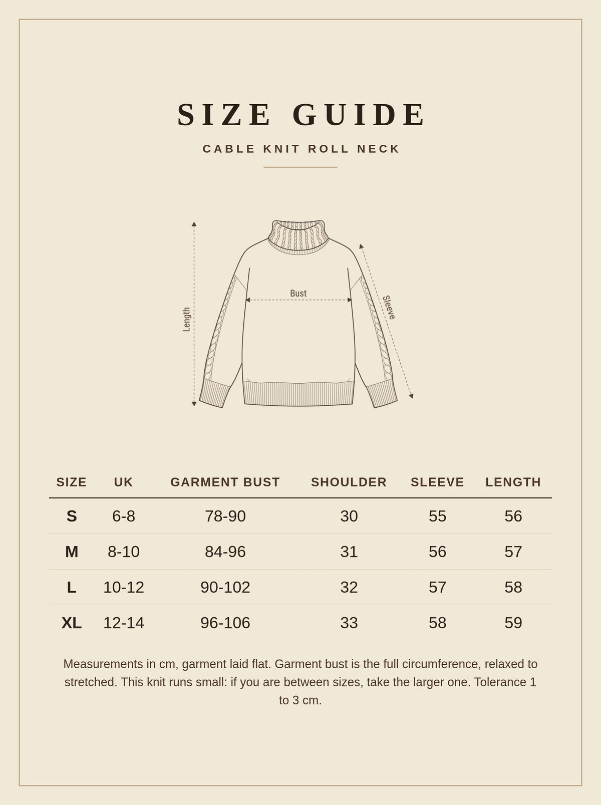Size guide for the Ebrington cable knit roll neck jumper, UK 6 to 14