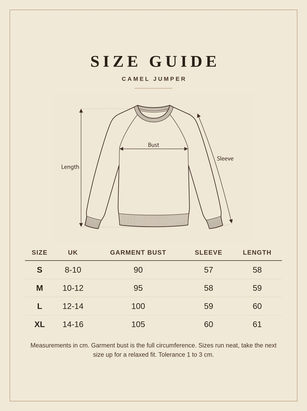 Size guide for the Avington camel jumper, sizes S to XL