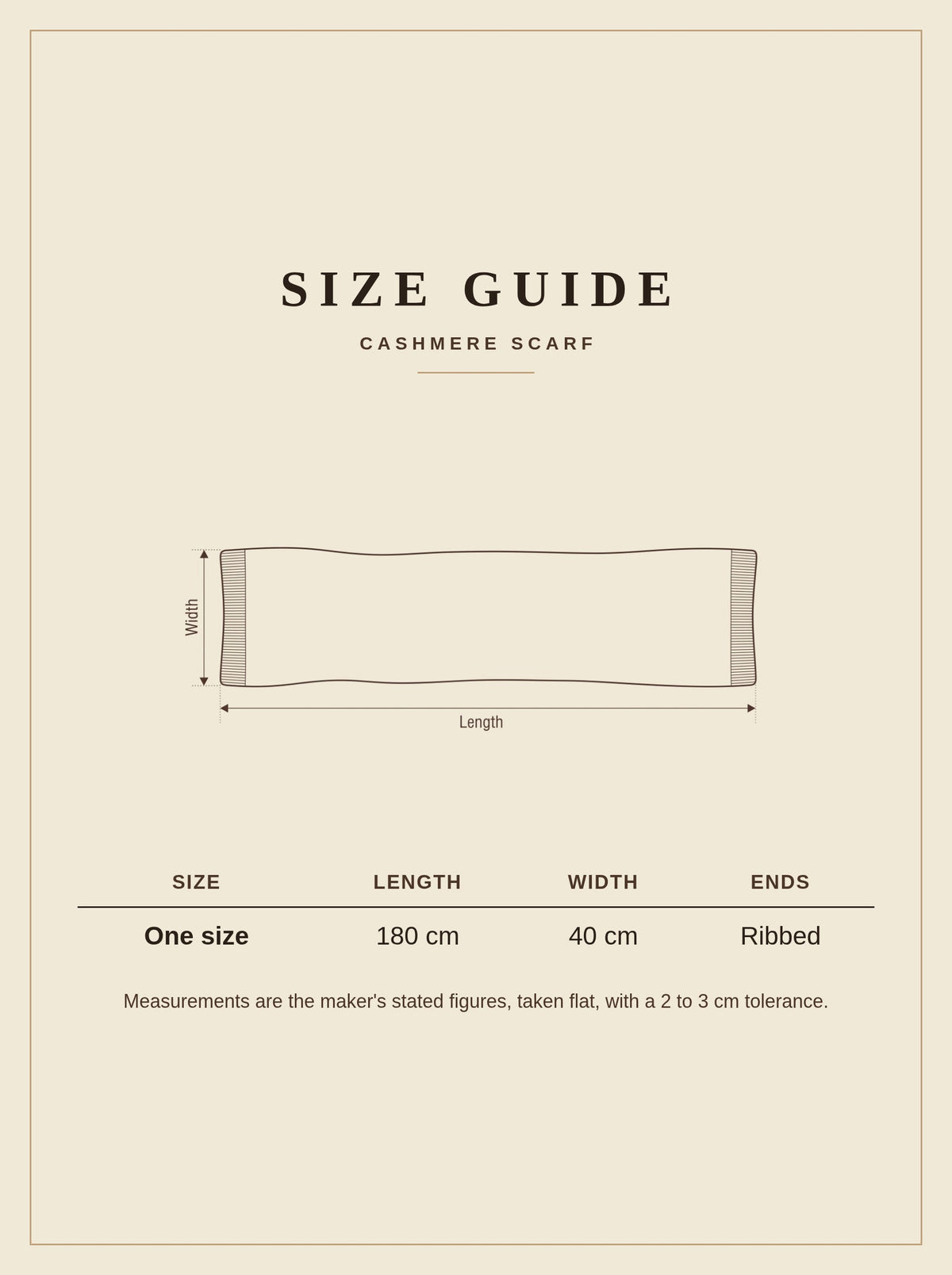 Size guide for the Naunton cashmere scarf, 180 cm long by 40 cm wide with ribbed ends