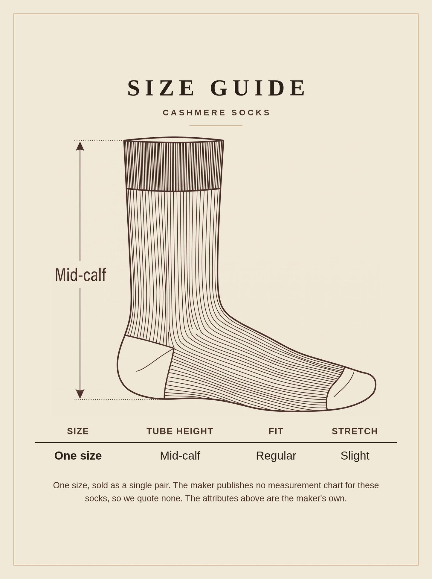 Size guide for the Snowshill cashmere socks, one size, mid-calf height