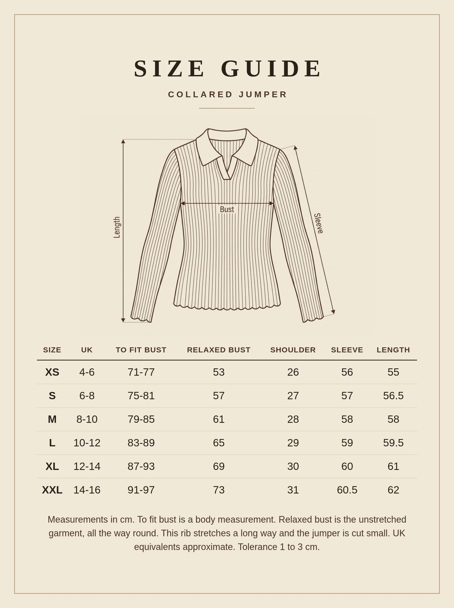 Size guide for the collared jumper, UK sizes XS to XXL with to fit bust, relaxed bust, shoulder, sleeve and length in cm