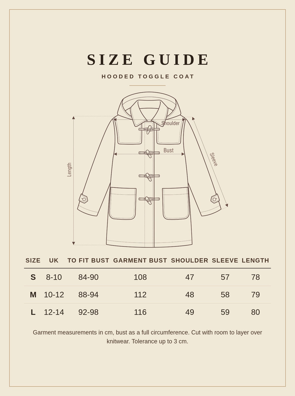Size guide for the Cream Hooded Coat, sizes S to L with garment measurements in cm