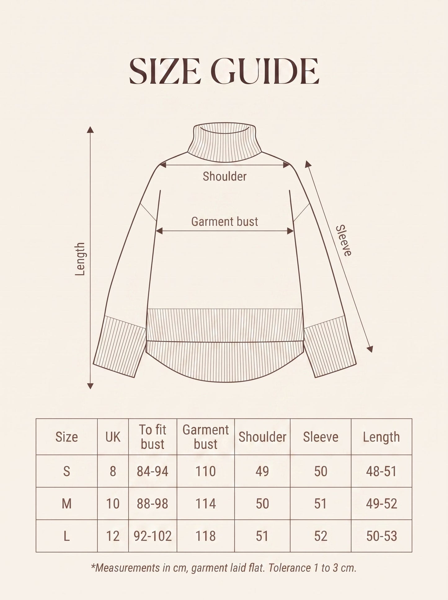 Size guide for the cropped turtleneck jumper with measurements for sizes S, M and L