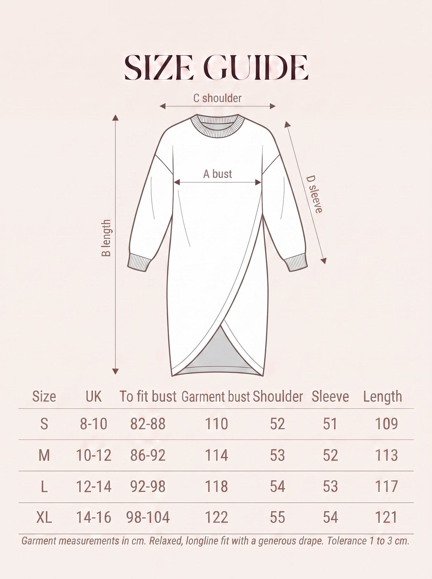 Size guide for the womens crossover-hem rib-knit jumper dress with measurements in cm