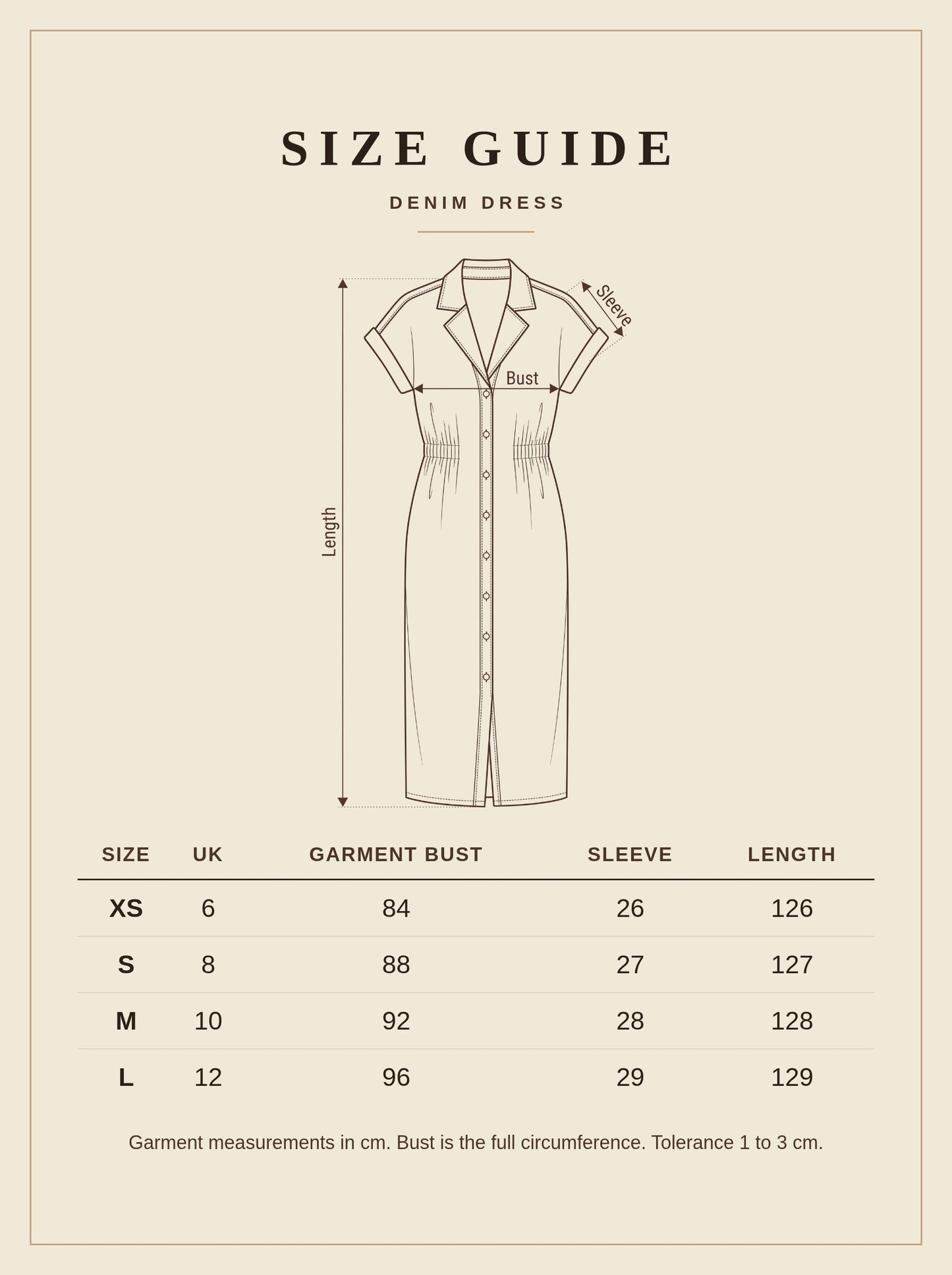 Size guide for the denim dress, UK 6 to 12
