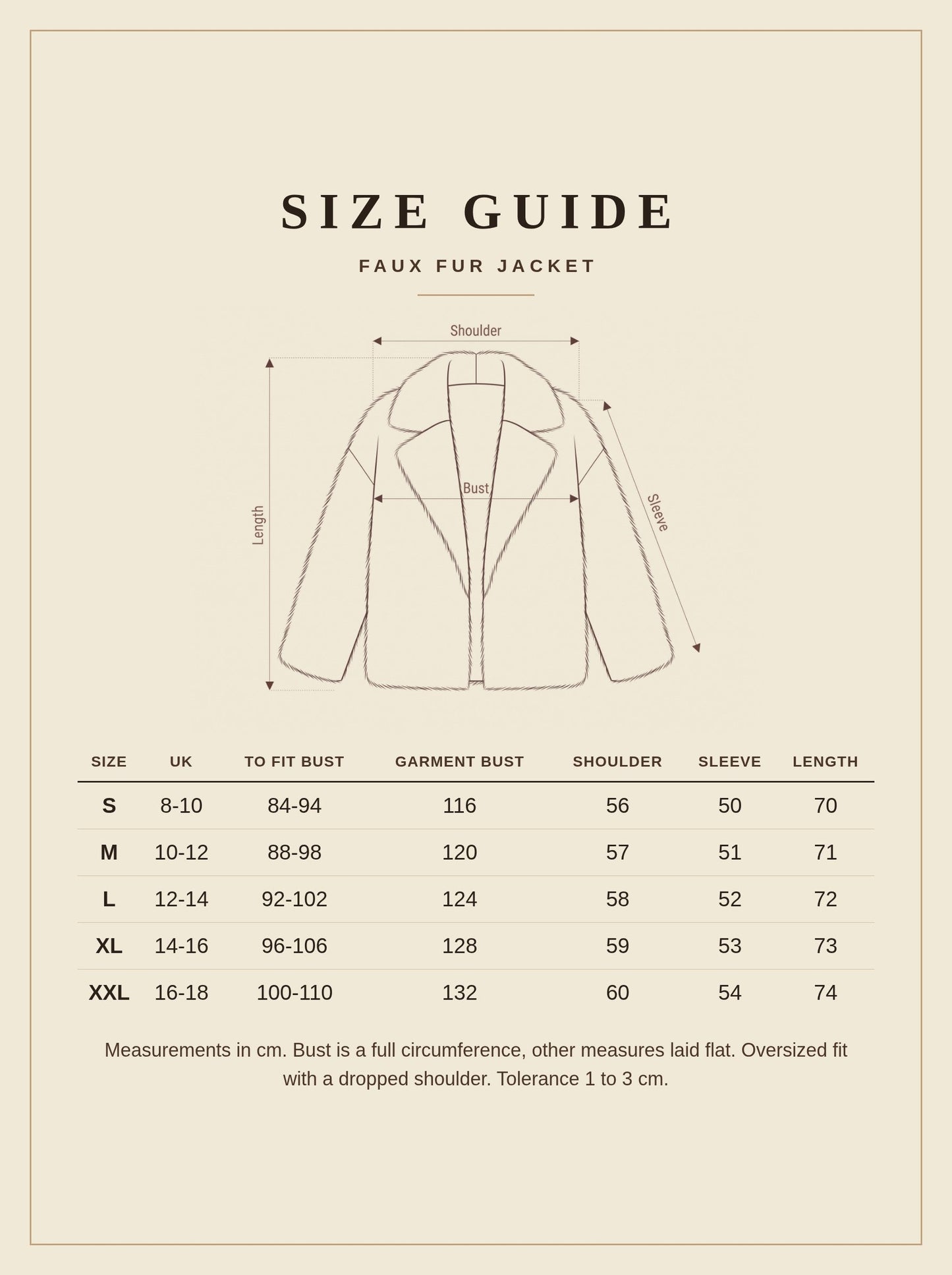 Size guide for the Thurlow faux fur jacket with garment measurements in centimetres