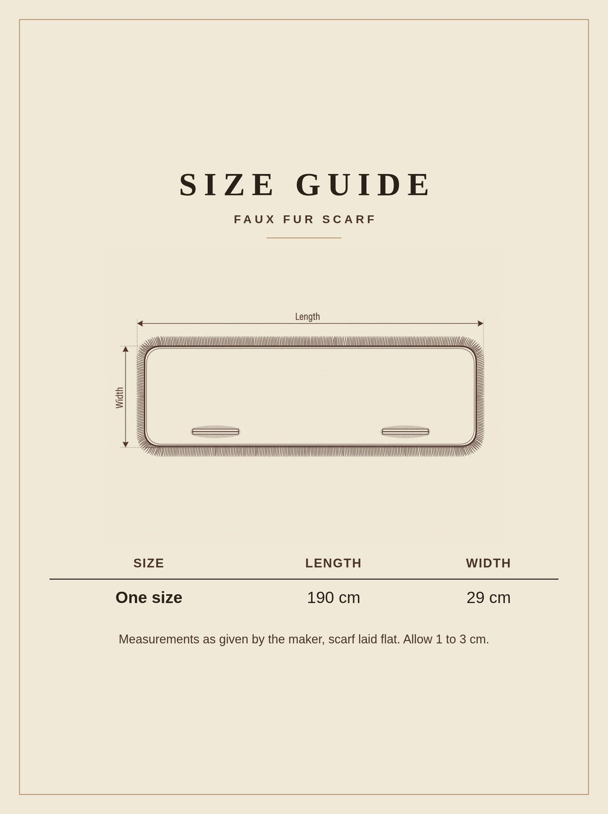 Size guide for the Clanfield faux fur scarf, one size, 190 cm long by 29 cm wide