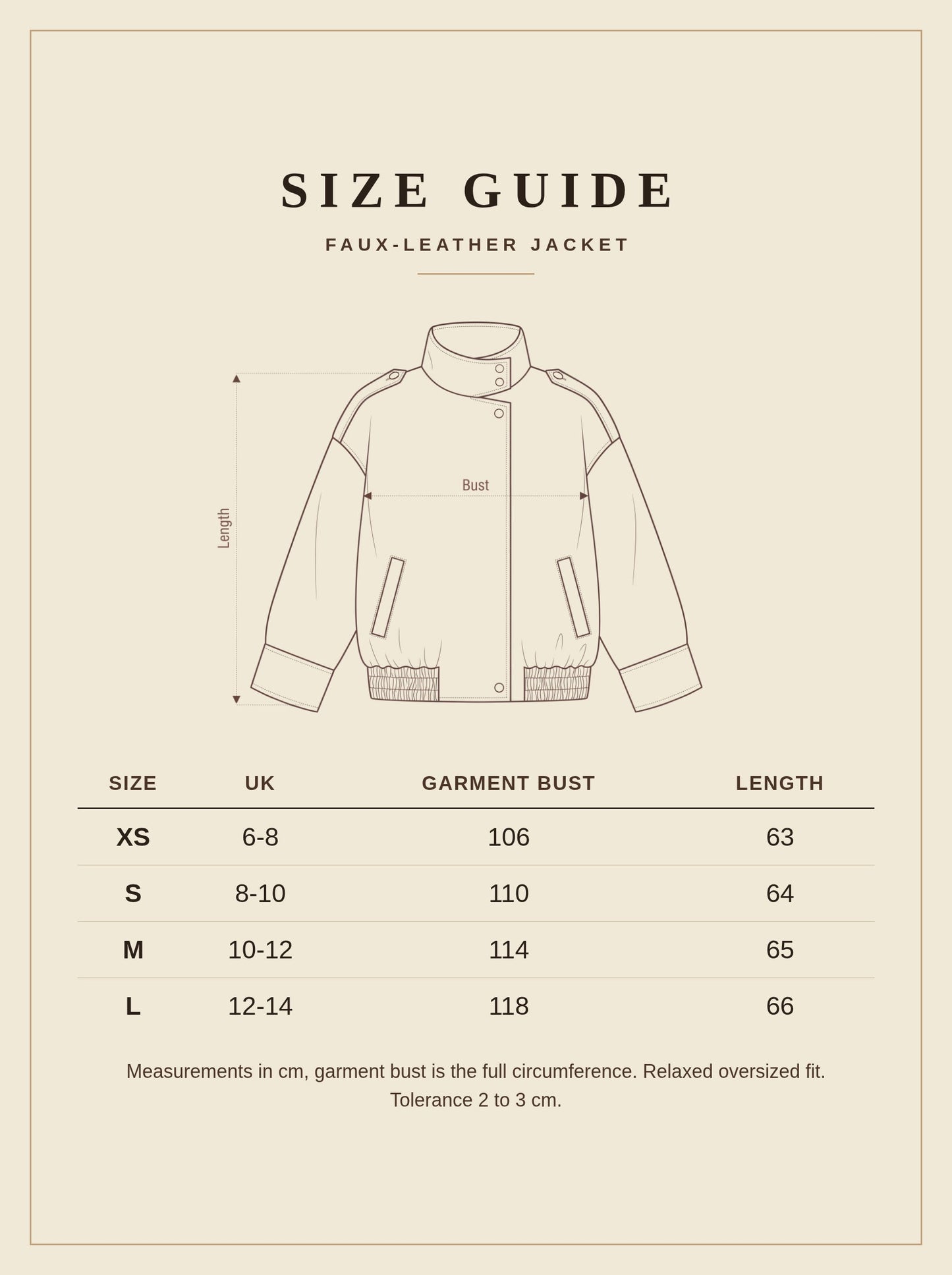 Size guide for the Ludlow womens faux leather jacket