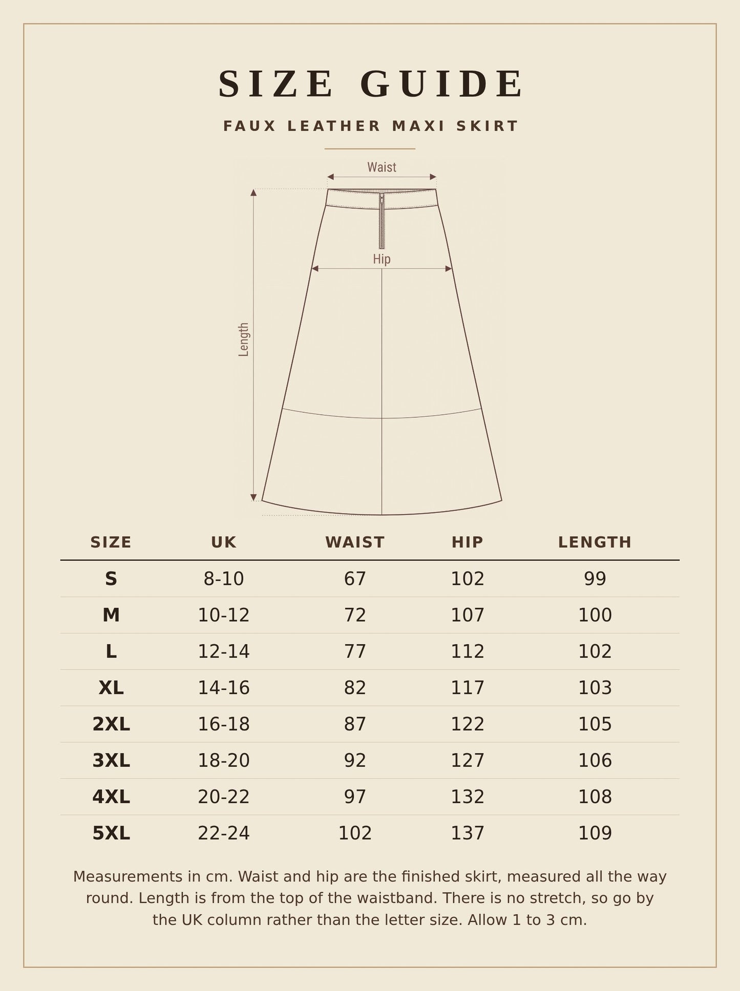 Size guide for the faux leather maxi skirt, waist hip and length in centimetres for sizes S to 5XL