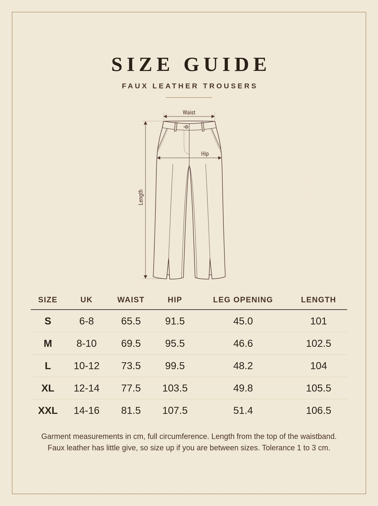 Size guide for the Harlbury faux leather trousers, UK 6 to 16