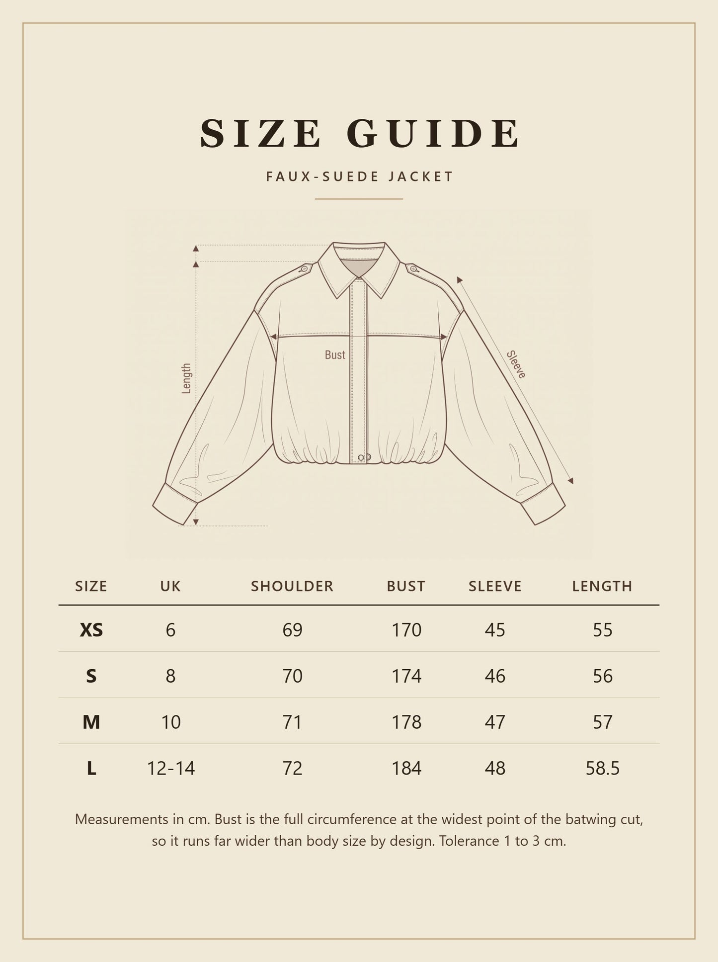 Hartfield faux-suede jacket size guide with garment measurements in cm