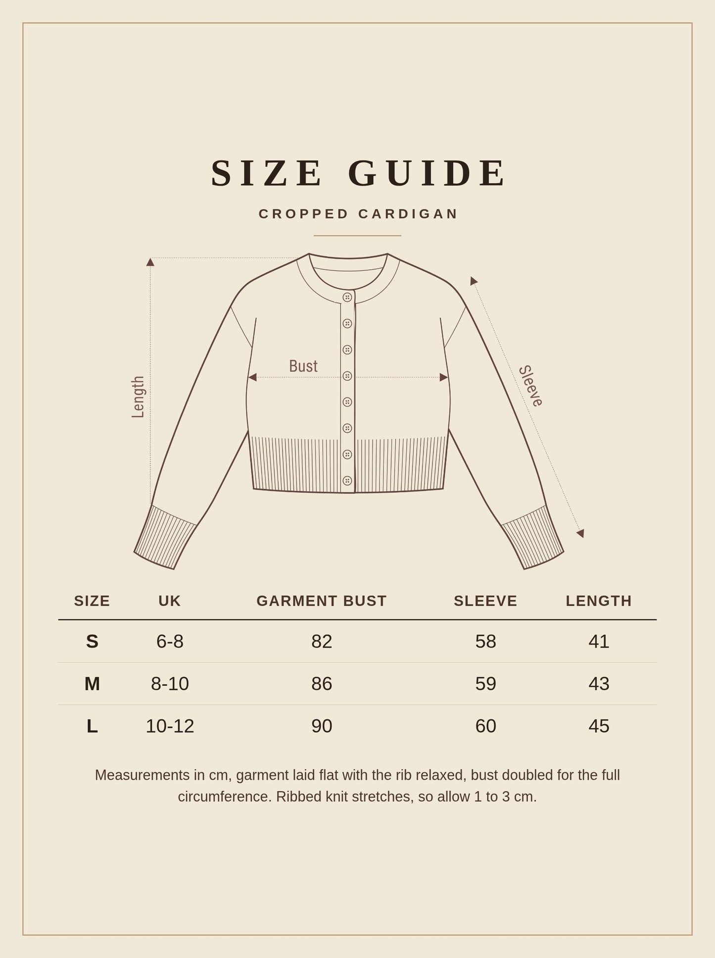 Size guide for the Harlbury cropped cardigan, UK sizes 6 to 12