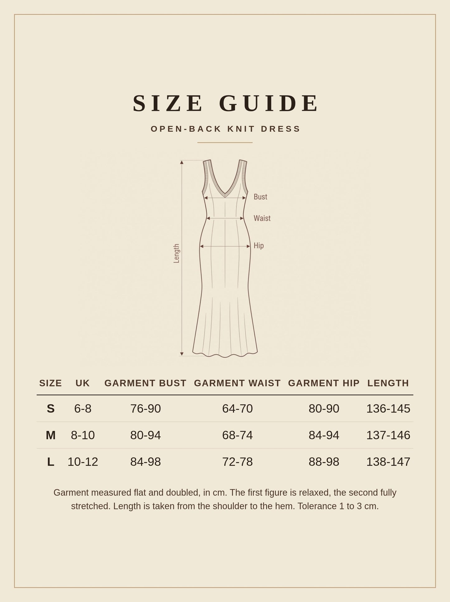 Size guide for the Yealand knit dress, sizes S to L measured in centimetres
