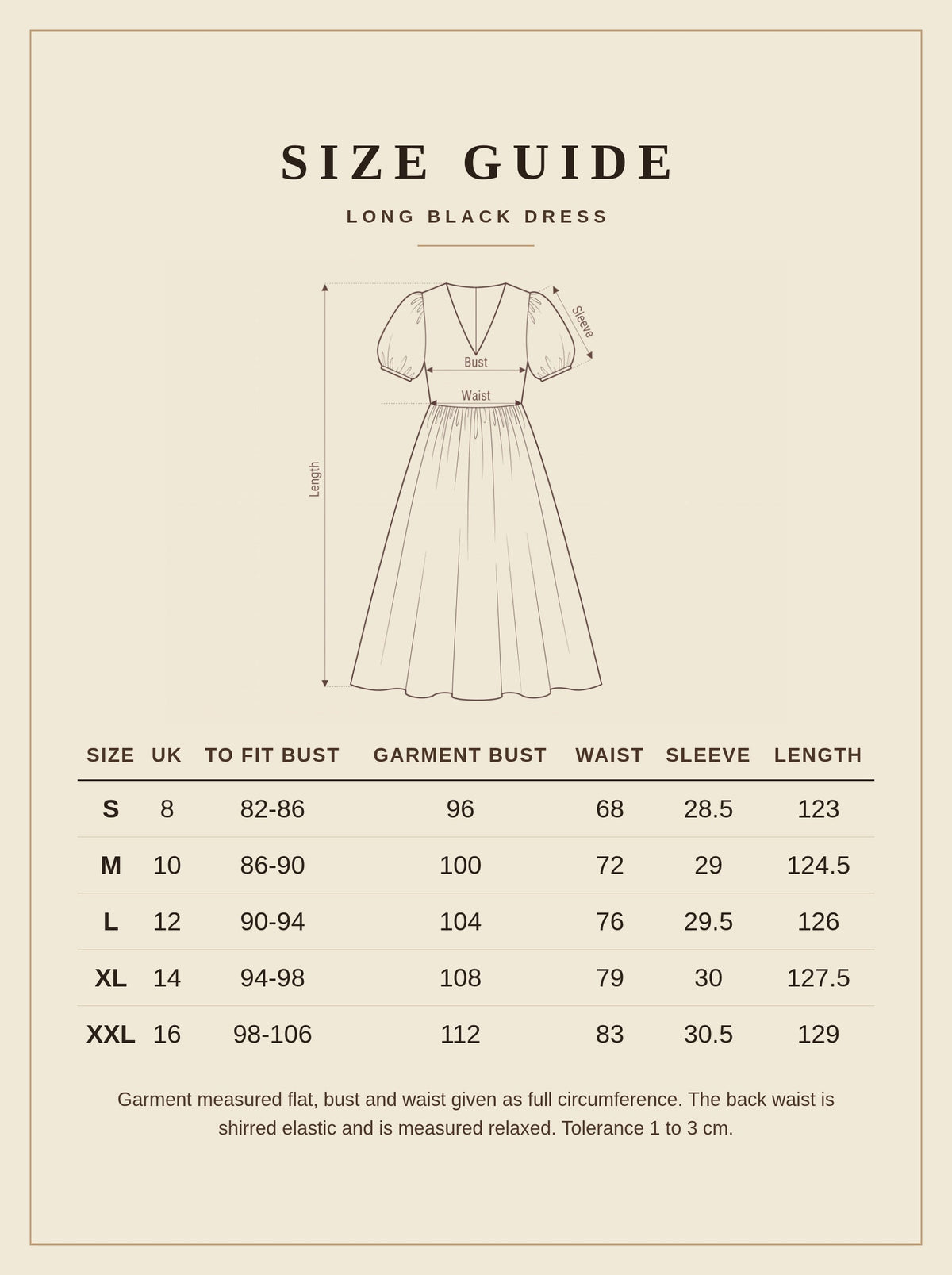 Size guide for the long black dress, sizes S to XXL with measurements in centimetres