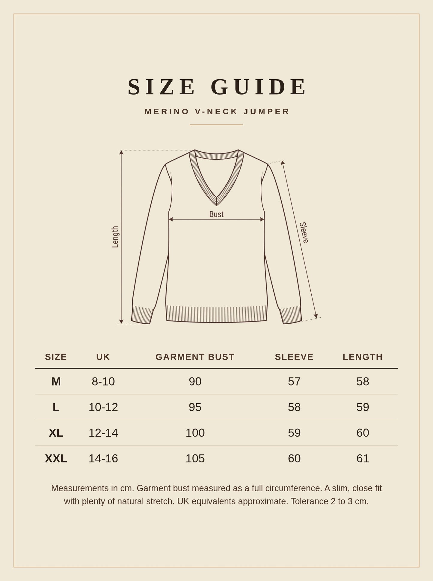 Harlbury merino V-neck jumper size guide, sizes M to XXL
