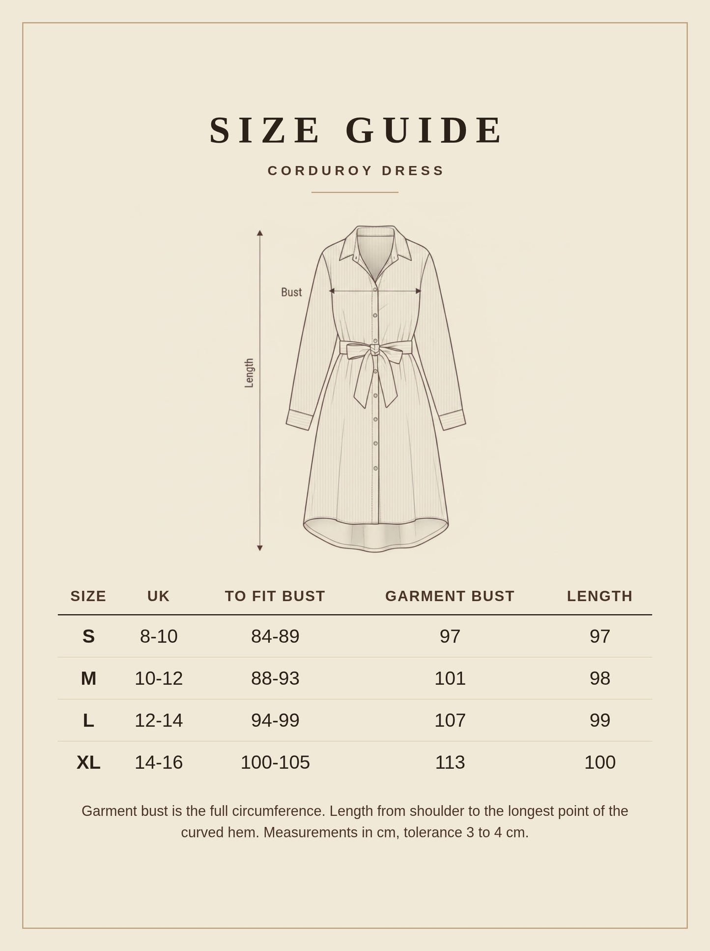 Size guide for the Norbury corduroy dress, UK sizes 8 to 16