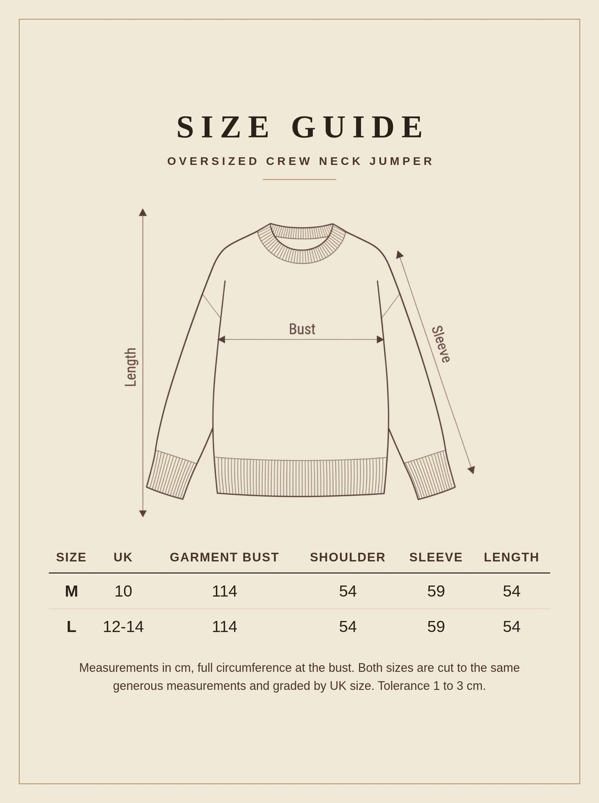 Size guide for the oversized crew neck jumper, measurements in centimetres