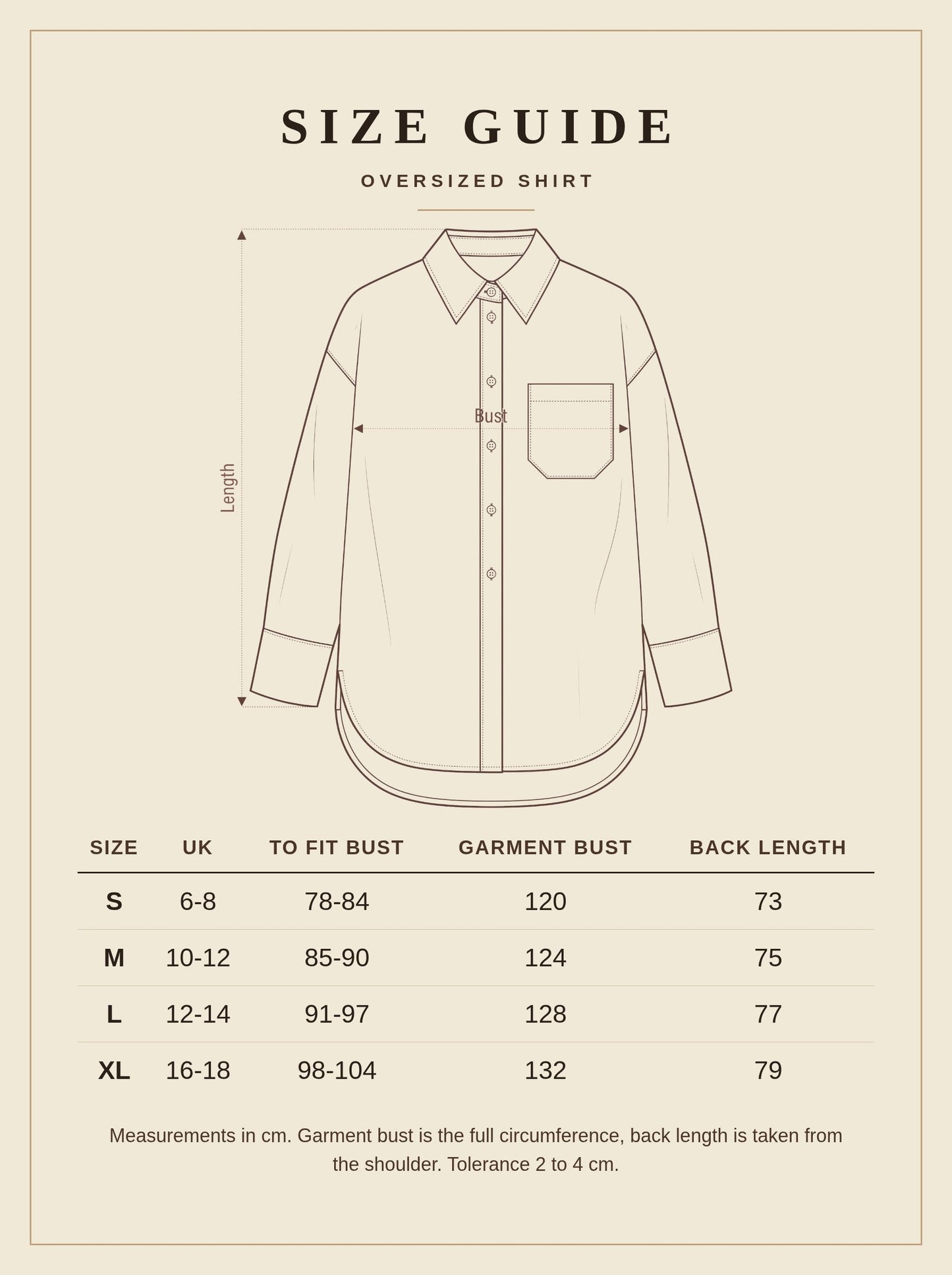 Size guide for the oversized shirt, sizes S to XL, with garment bust and back length in cm