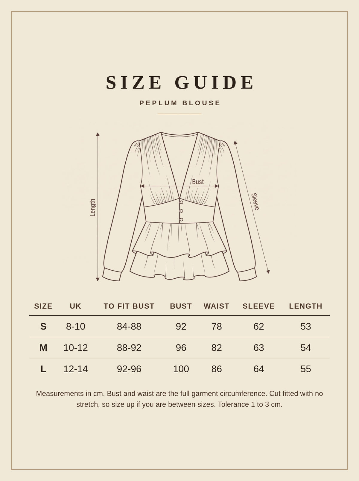 Size guide for the Daylesford peplum blouse with bust, waist, sleeve and length in cm