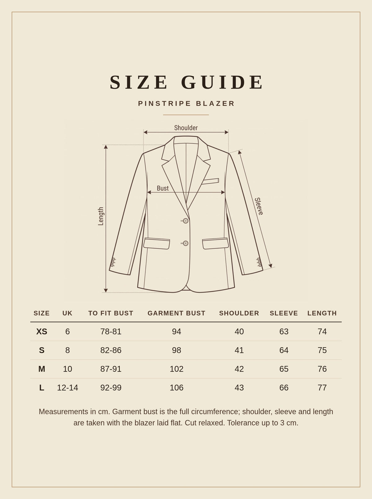 Pinstripe blazer size guide, UK 6 to 14, measurements in cm