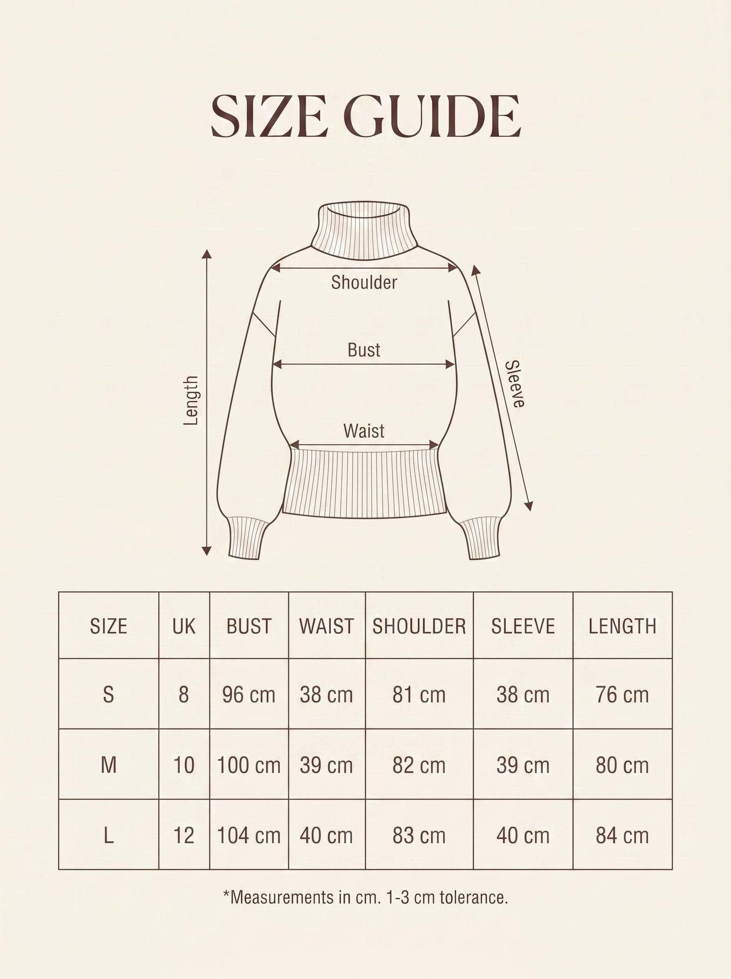 Size guide with garment measurements for the pointelle roll neck jumper