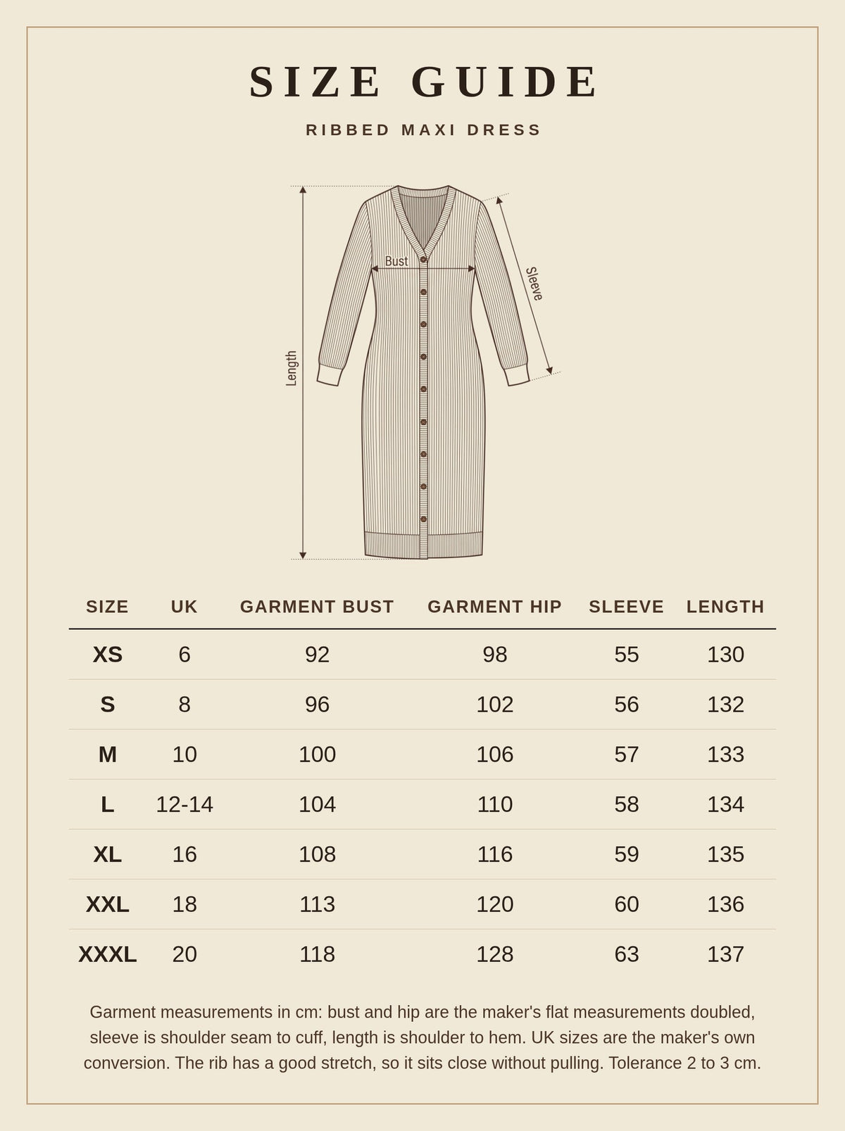 Size guide for the Laverton ribbed maxi dress, UK 6 to 20
