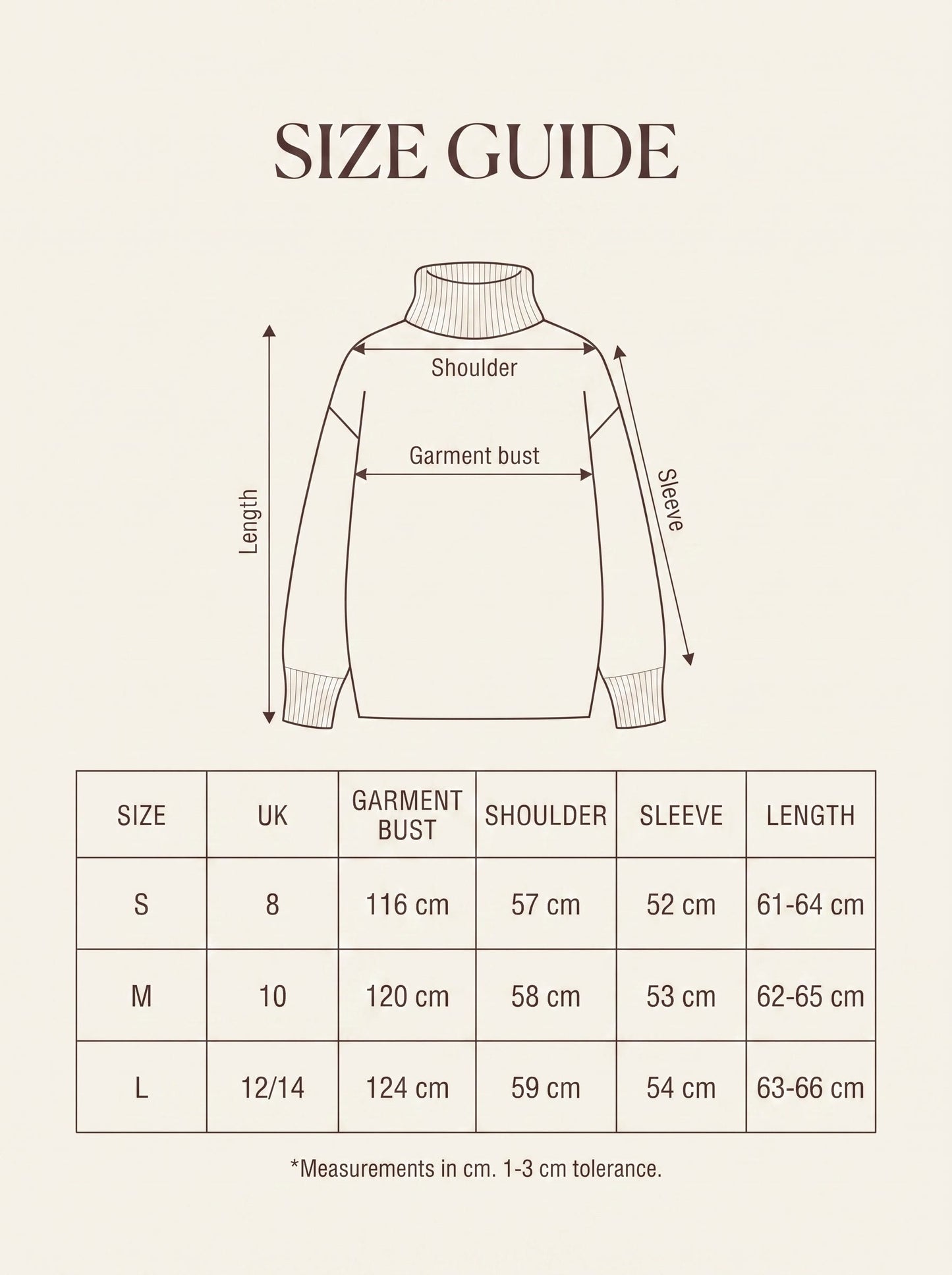 Size guide with garment measurements for the oversized roll neck jumper