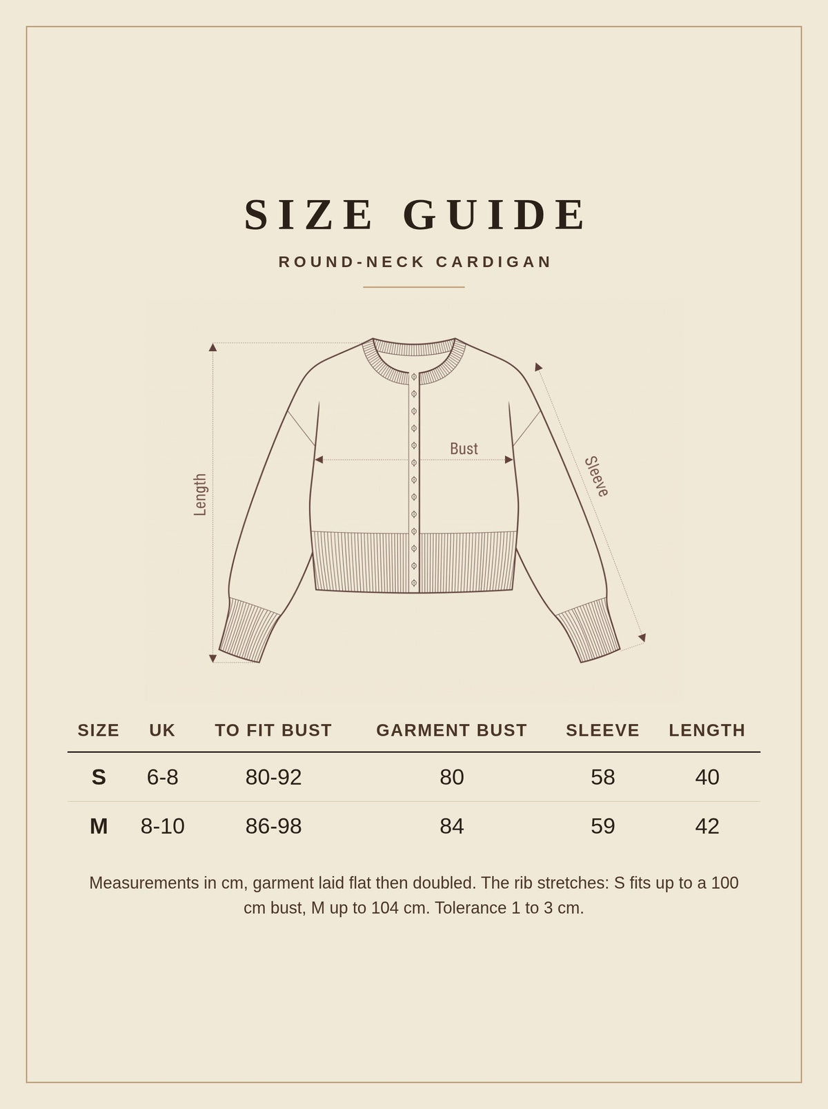 Harlbury size guide for the Halstead cropped round-neck cardigan, sizes S and M in cm