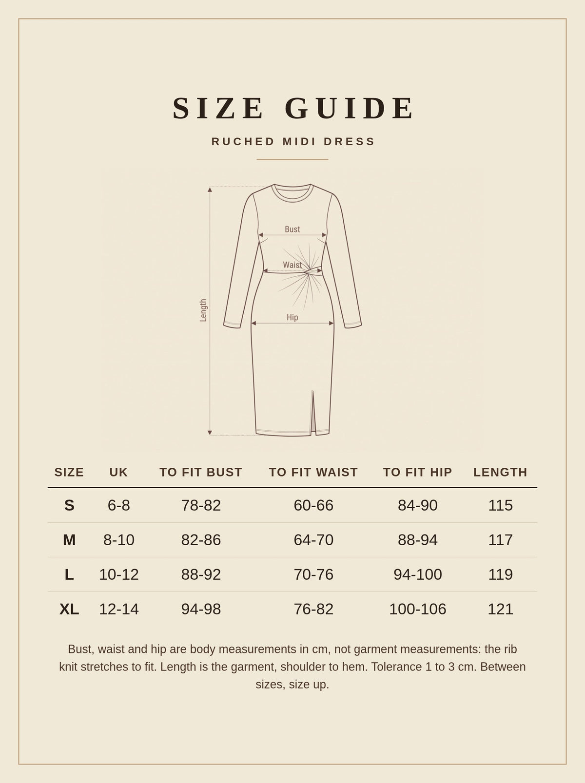 Size guide for the ruched midi dress, UK sizes 6 to 14
