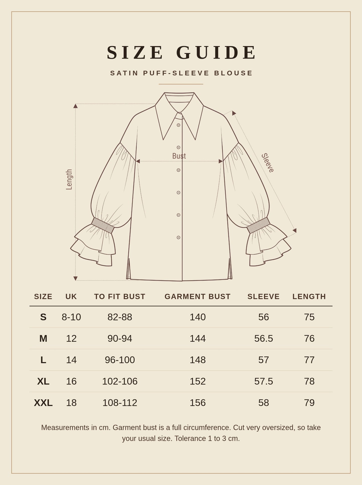 Size guide, satin puff sleeve blouse, UK 8 to 18