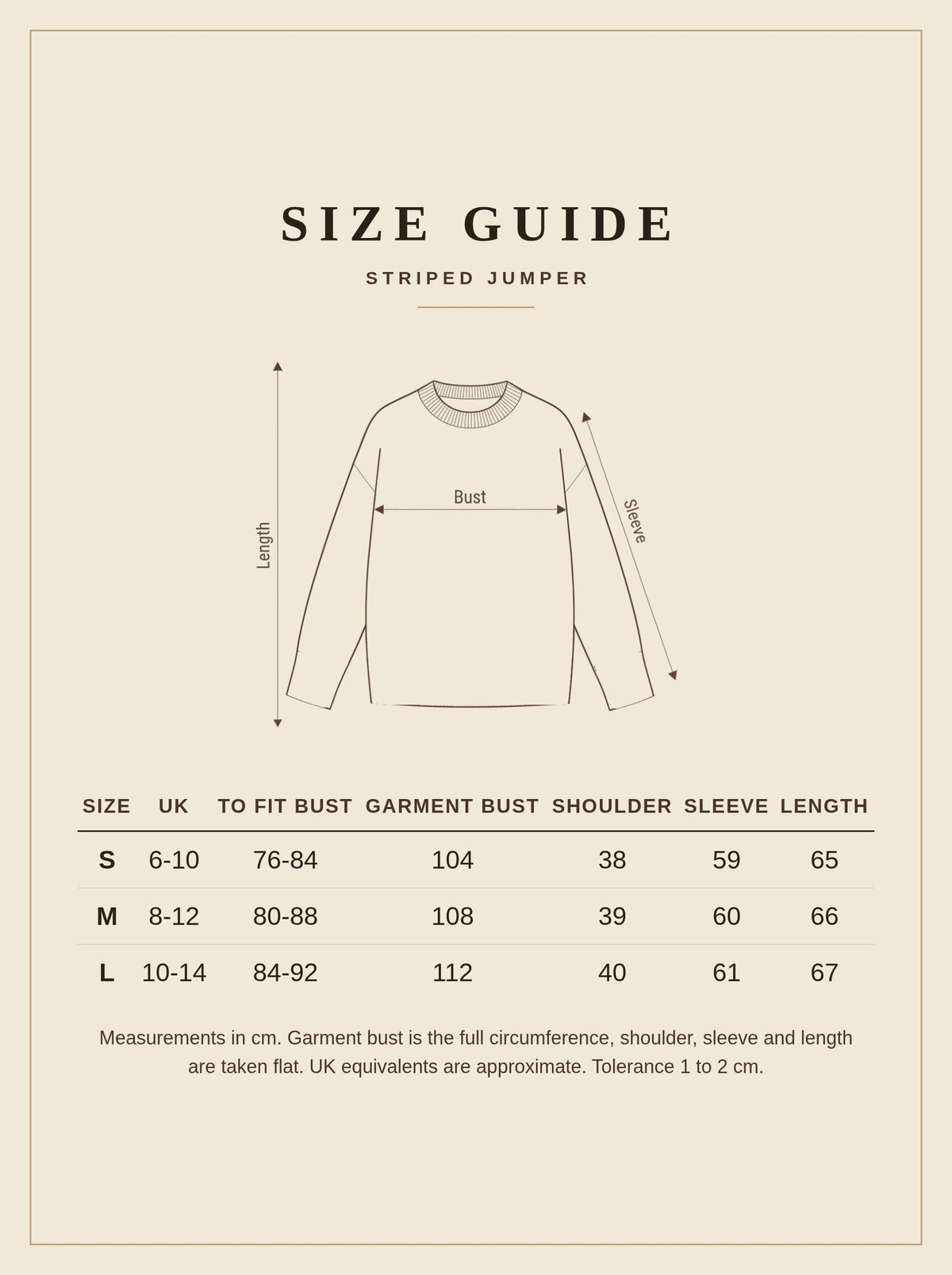 Size guide for the striped jumper, sizes S to L in centimetres