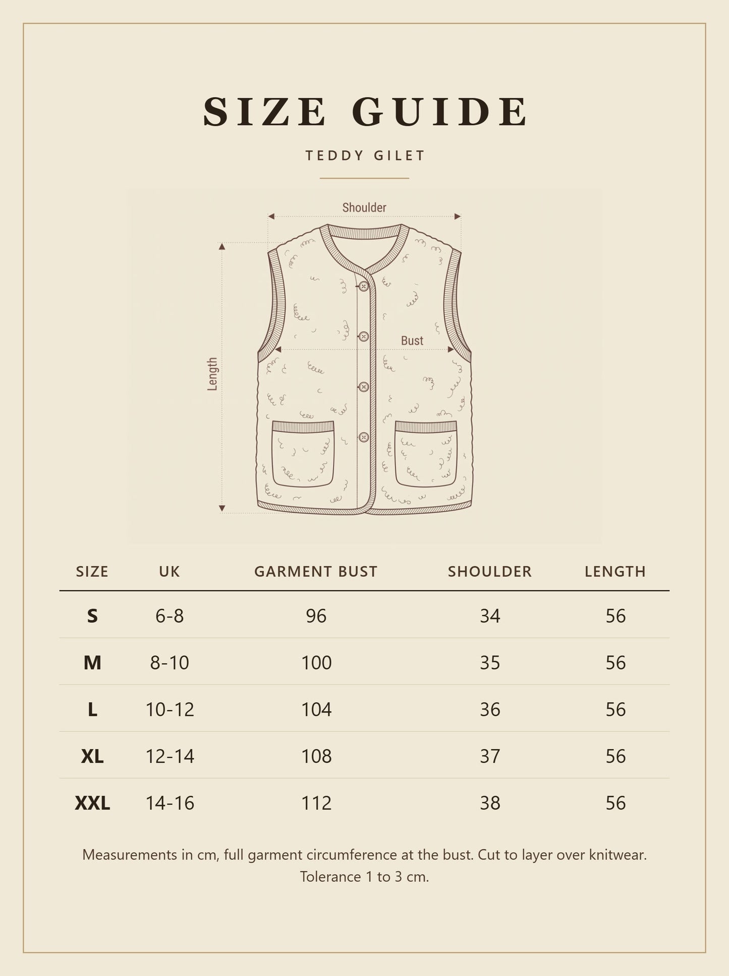 Teddy gilet size guide with UK sizes and garment measurements in cm