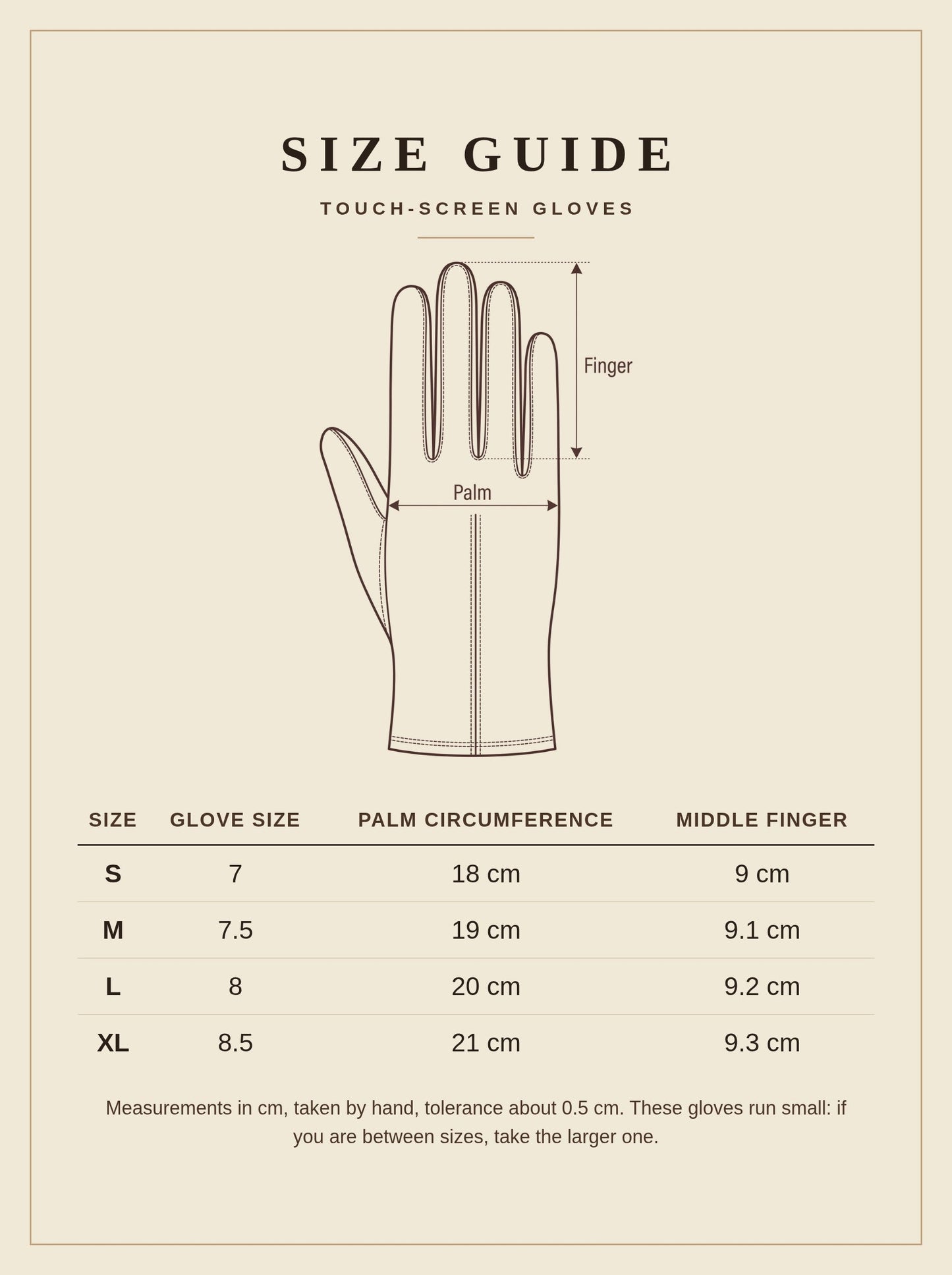 Size guide for the Ombersley touch screen gloves, sizes S to XL