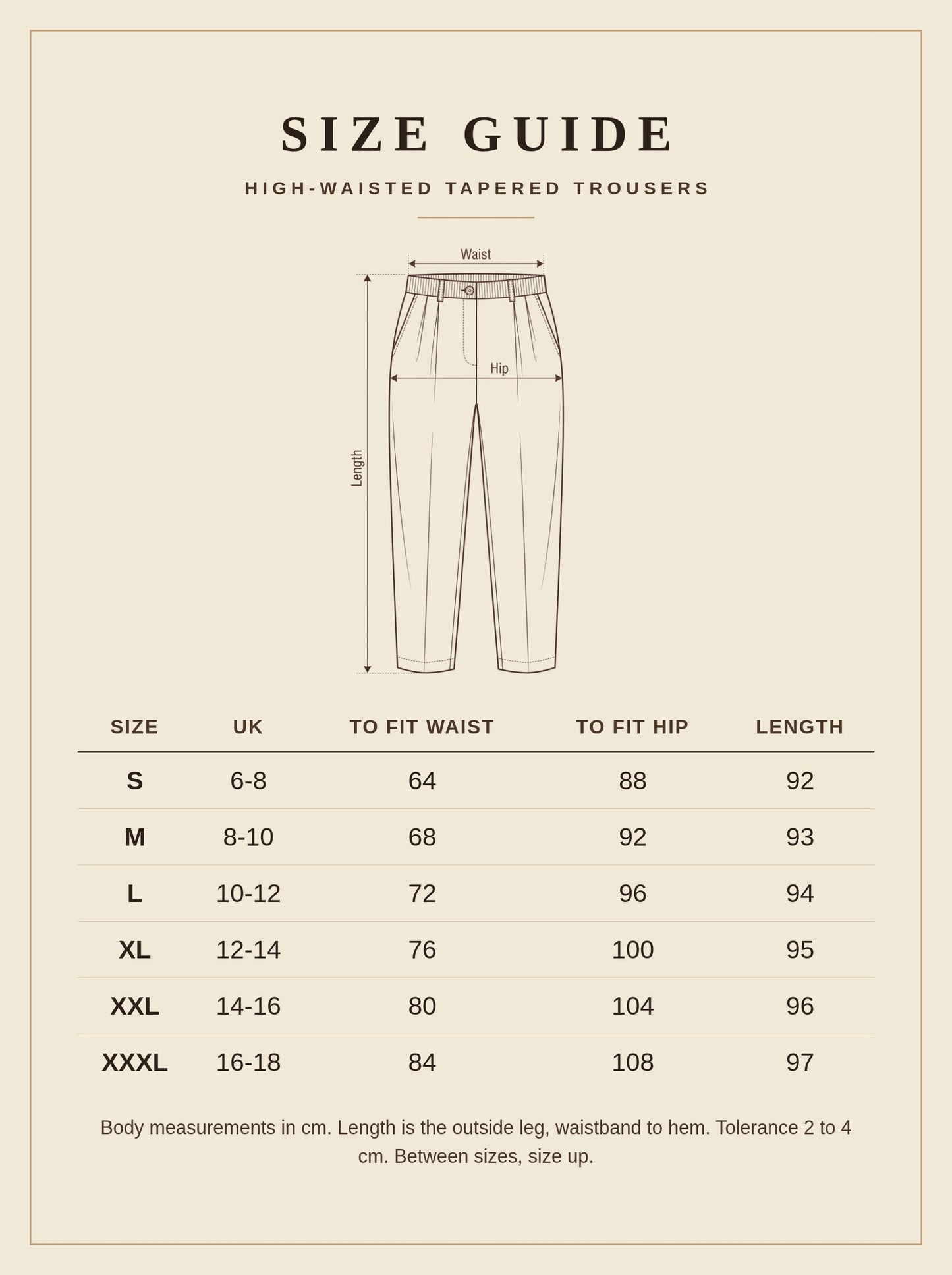 Size guide for the Rushmere high-waisted tapered trousers, UK 6 to 18