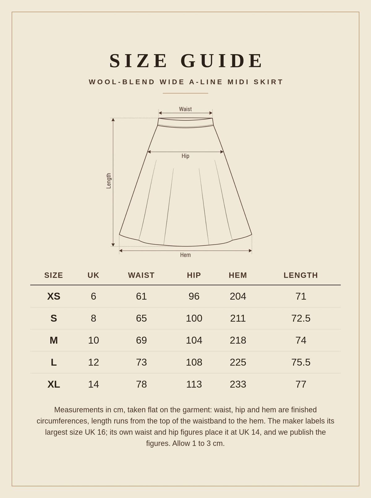 Size guide for the Northleach wool blend wide A-line midi skirt, UK 6 to 14