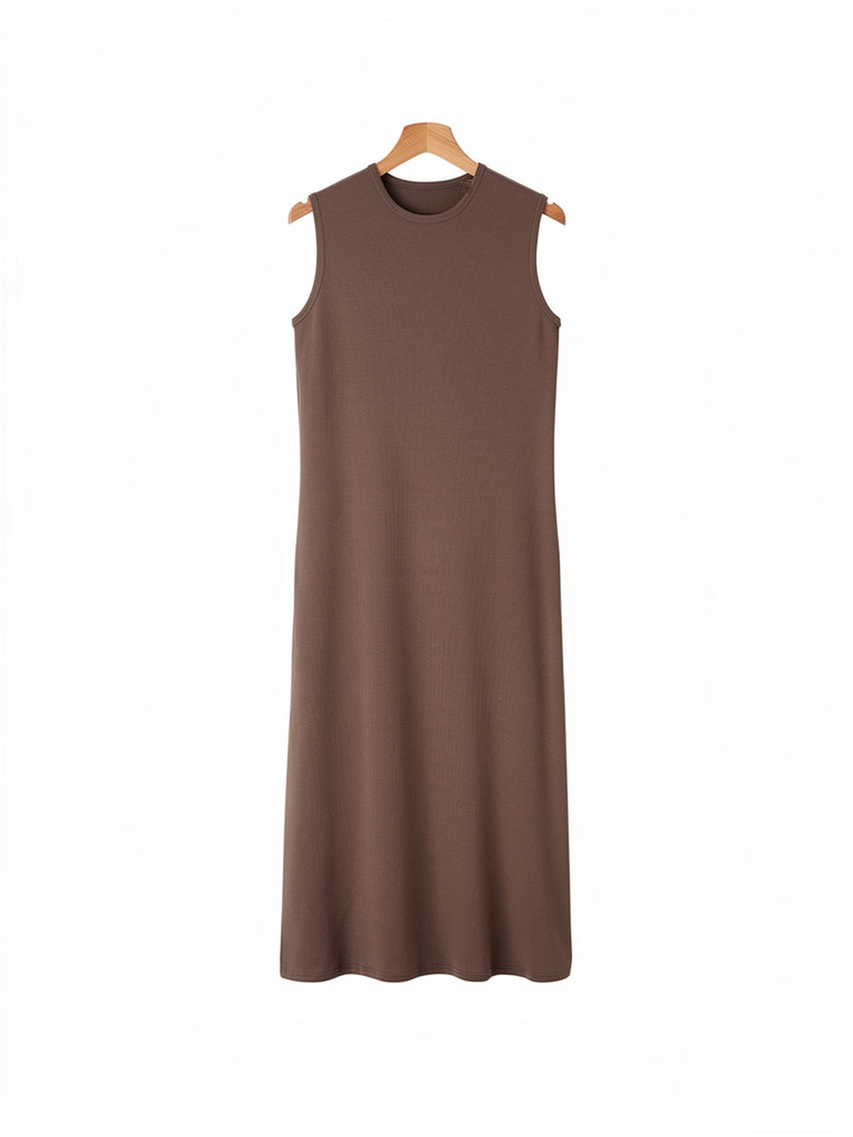 Brown maxi dress in Cacao on a hanger, sleeveless cotton rib column with a crew neck