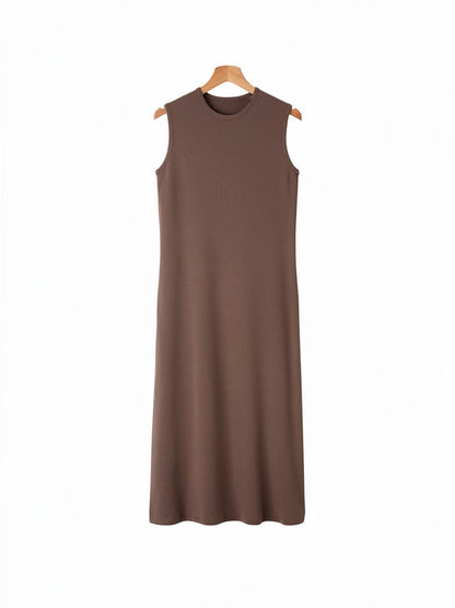 Brown maxi dress in Cacao on a hanger, sleeveless cotton rib column with a crew neck